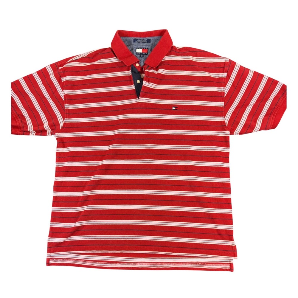 Tommy Hilfiger Mens XXL Red White Striped Short Sleeve Cotton Polo Shirt
